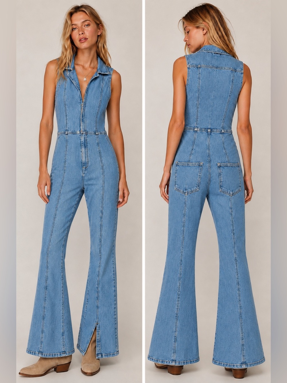 Free People Light Wash Denim Sleeveless Zip-Front Jumpsuit